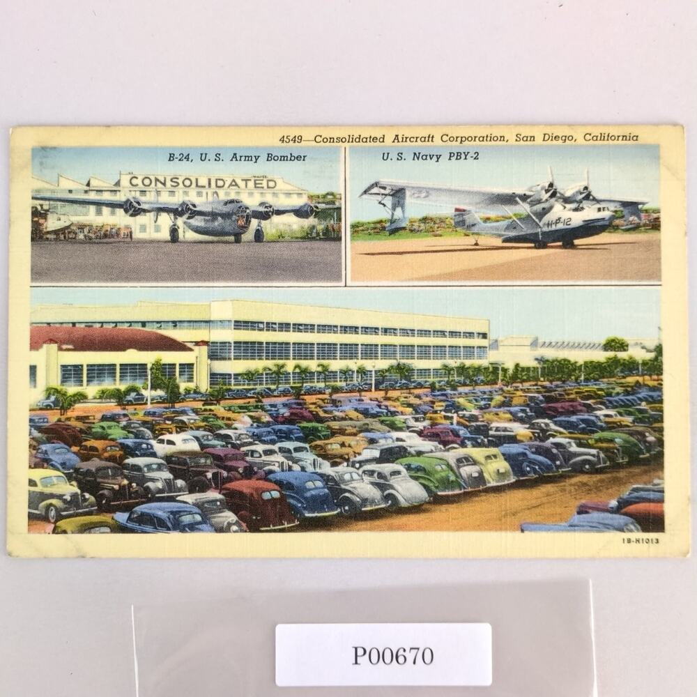 Consolidated Aircraft Corporation San Diego CA 1940s Linen Postcard B-24 Bomber